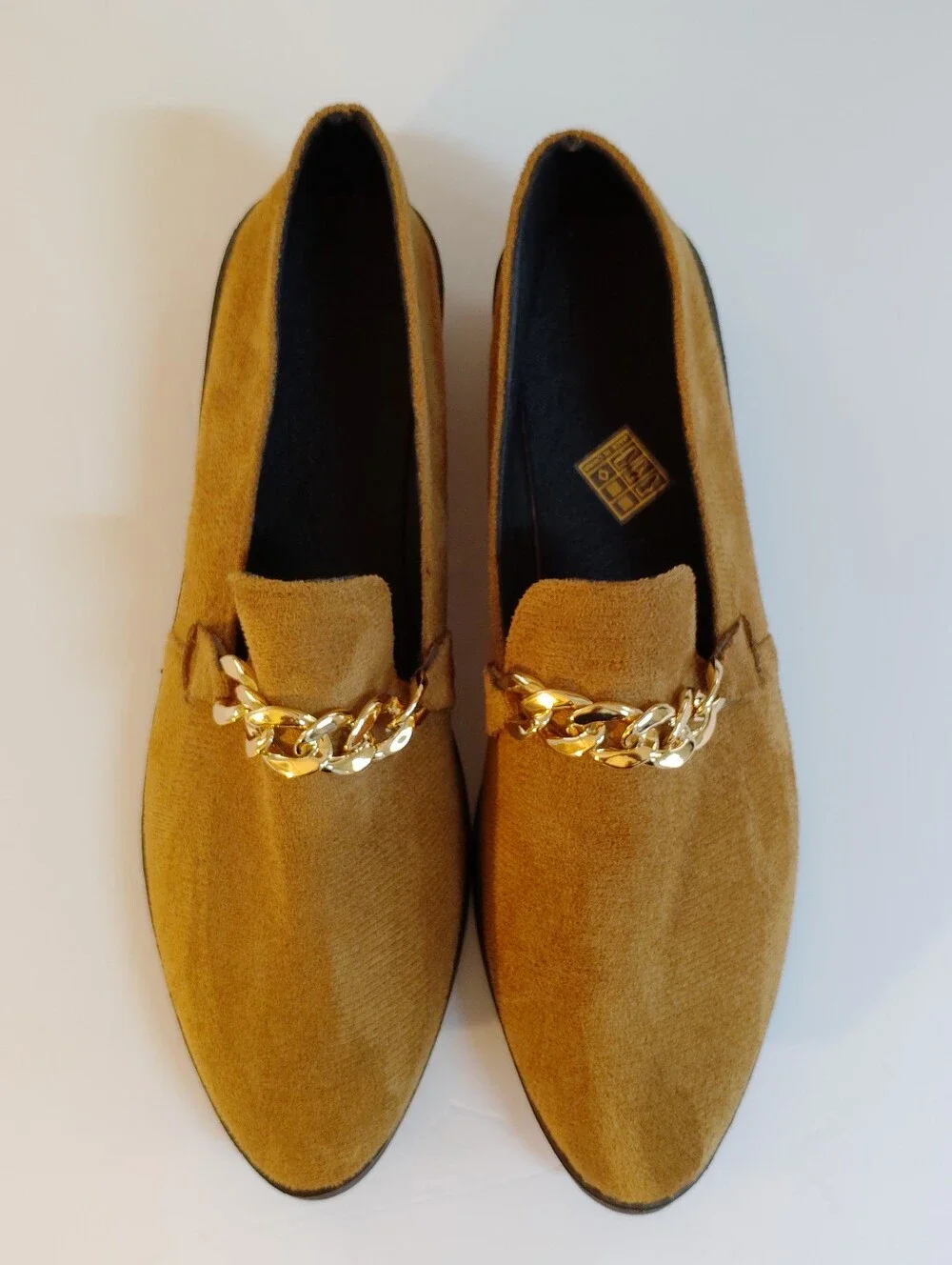 Men's Tan Suede Loafers with Gold Chain